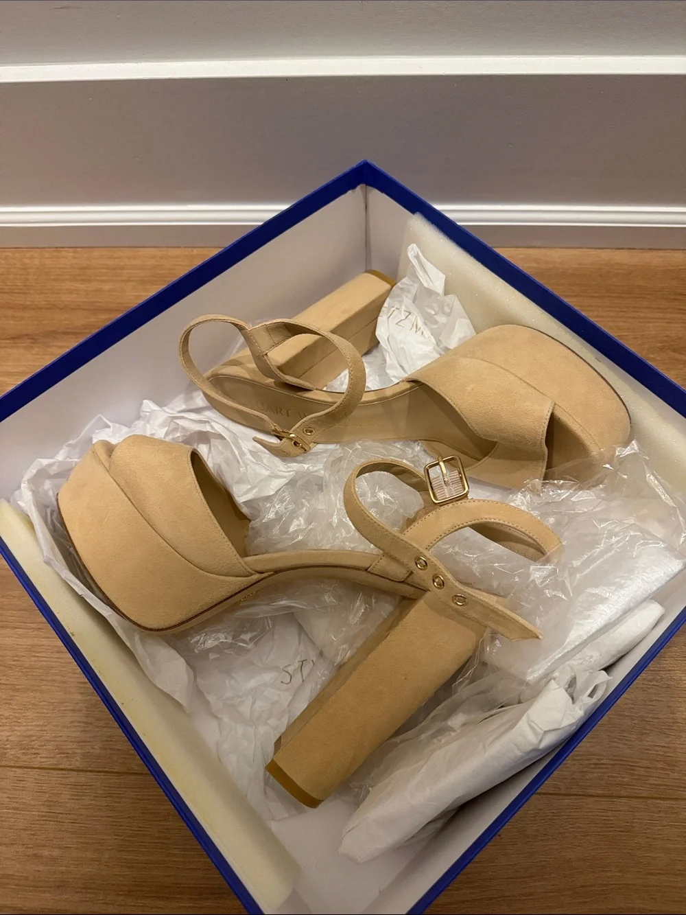 Stuart Weitzman Nude Tan Platform Block Heel Sandals